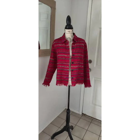 Vintage Chico's Red Button Front Artsy Jacket Silk Blend Size M - Picture 6 of 9